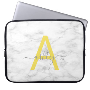 Chic Gray Yellow White Marble Script Name Monogram Laptop Sleeve