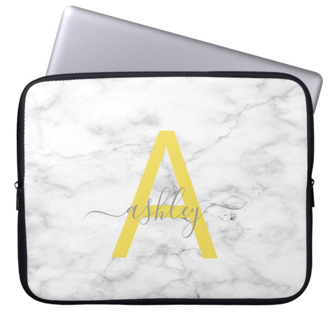 Chic Gray Yellow White Marble Script Name Monogram Laptop Sleeve (Front)