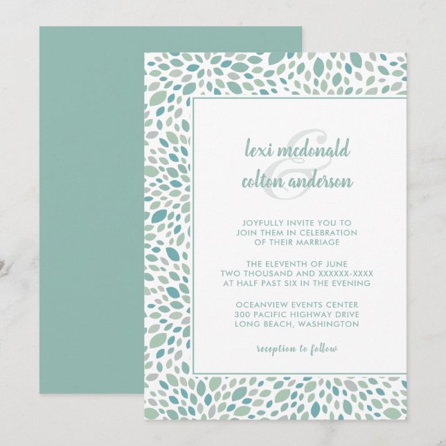 Chic Green Abstract Floral Seaside Wedding Invitation (Front/Back)