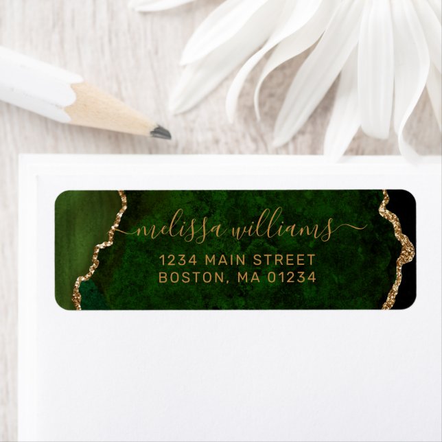 Chic Green Agate Gold Script Monogram Address (Insitu)