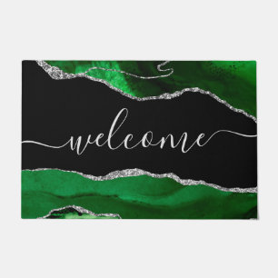 Chic Green Agate Silver Glitter Script Welcome Doormat
