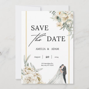 Chic Green and Beige Leaves Save the Date Wedding Invitation