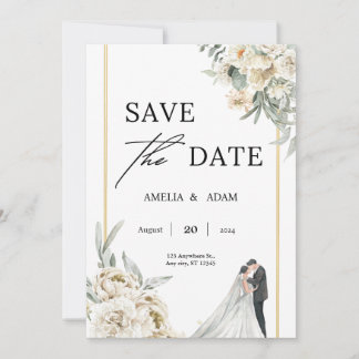 Chic Green and Beige Leaves Save the Date Wedding  Invitation