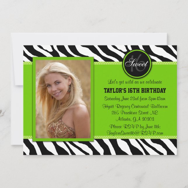 Chic Green and Black Zebra Print Photo Invite (Front)