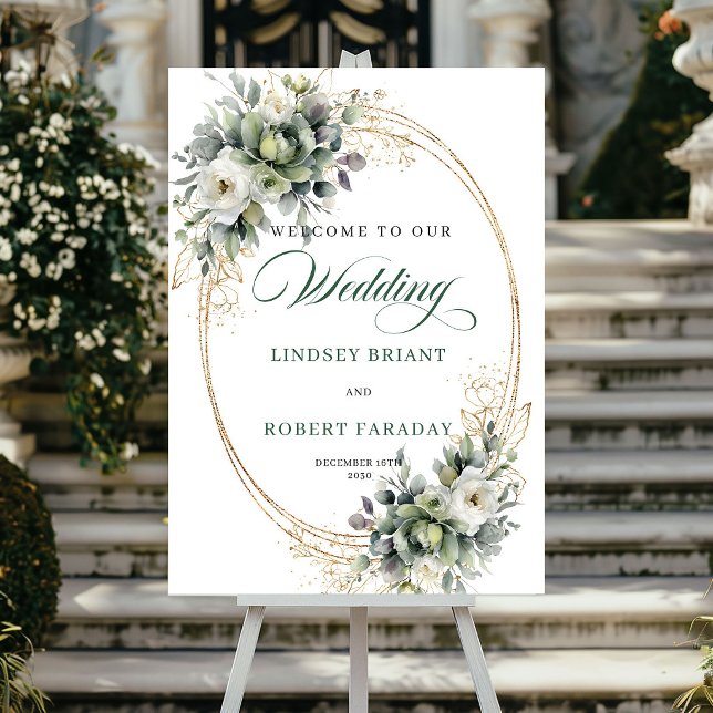 Chic green and gold foliage wedding welcome sign (Chic green and gold foliage wedding welcome sign)