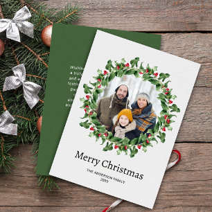 Chic Green and Red Floral Christmas Photo Holiday Card