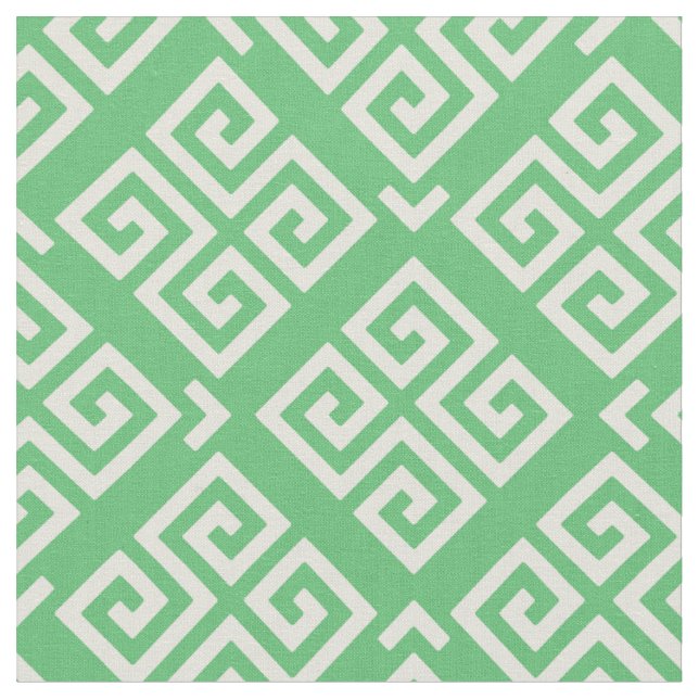 Chic green and white greek key geometric patterns fabric (Close Up)