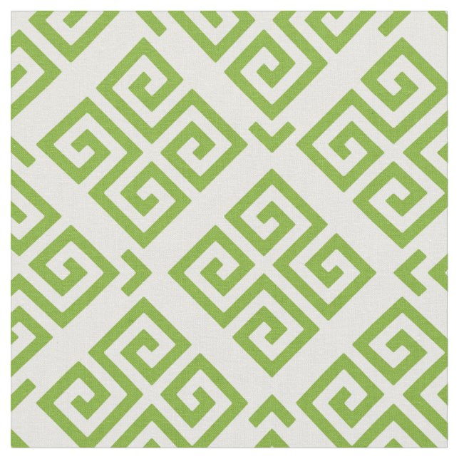Chic green and white greek key geometric patterns fabric (Close Up)