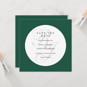 Chic Green and White Monogram Save the Date