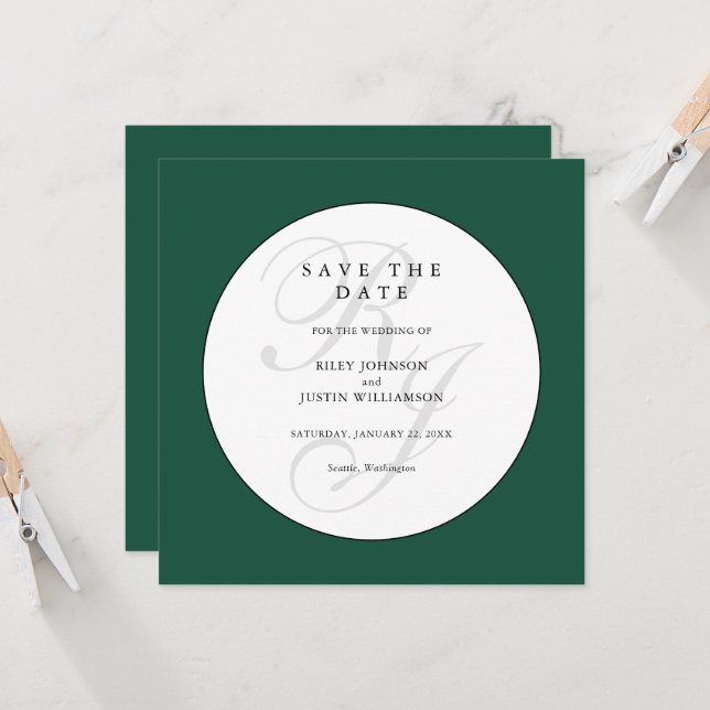 Chic Green and White Monogram Save the Date (Front/Back In Situ)