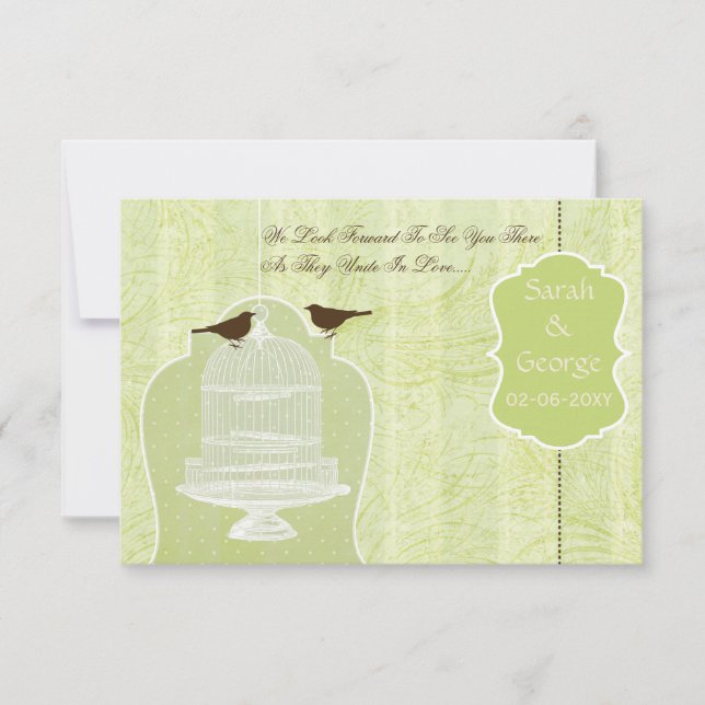 Chic green bird cage, love birds RSVP 3.5 x 5 Card (Front)