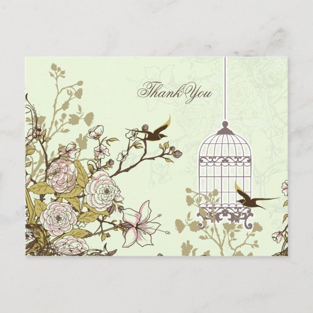 Chic green bird cage, love birds Thank You Postcard (Front)