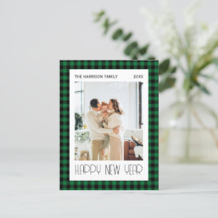 Chic Green Black Gingham Plaid New Year Photo  Postcard