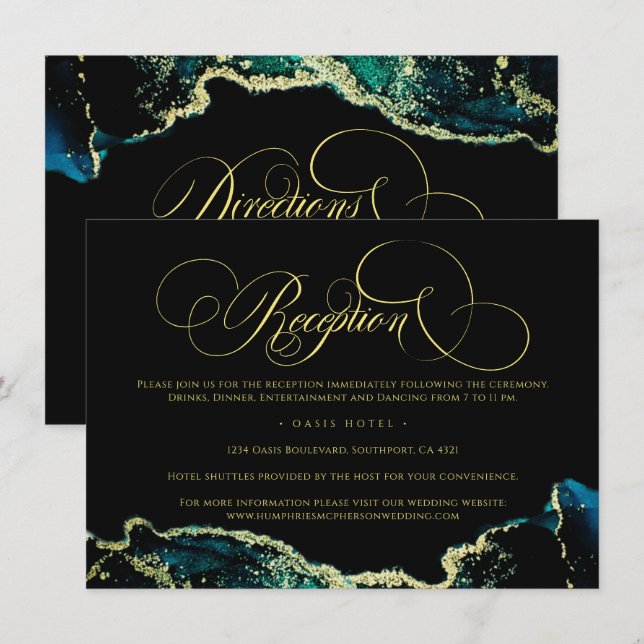 Chic Green Black Gold Reception Directions Wedding Enclosure Card (Front/Back)