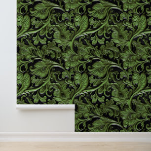 Chic green black tooled leather  wallpaper