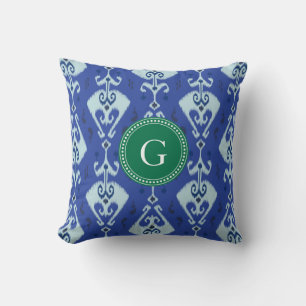 Chic green blue ikat tribal pattern monogram cushion