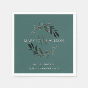CHIC GREEN BLUSH PINK FOLIAGE WREATH BRIDAL SHOWER NAPKIN