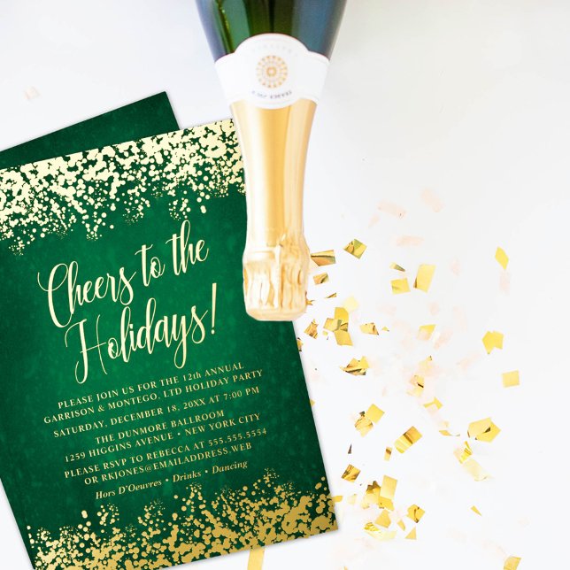 Chic Green Cheers to the Holidays Foil Invitation (Chic Green Holiday Party Foil Invitation on a white background with gold confetti & champagne.)