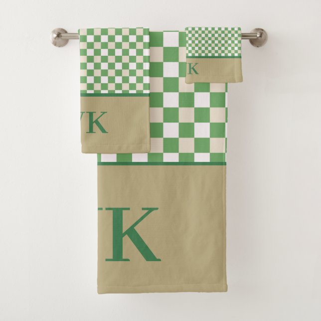 Chic Green Chequerboard Spa Monogram Bath Towel Set (Insitu)