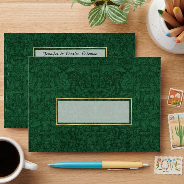 Chic Green Damask and Gold Lining Envelope (Desk)