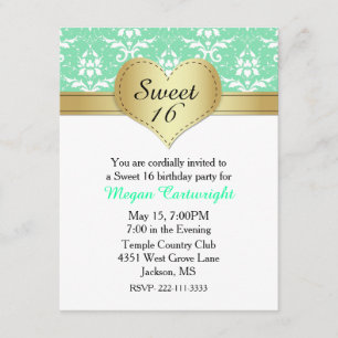 Chic Green Damask Sweet 16 Birthday Invitation