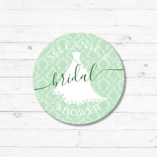 Chic Green Damask Wedding Gown Favour Classic Round Sticker