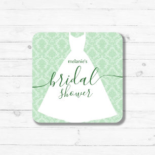 Chic Green Damask Wedding Gown Favour Square Sticker