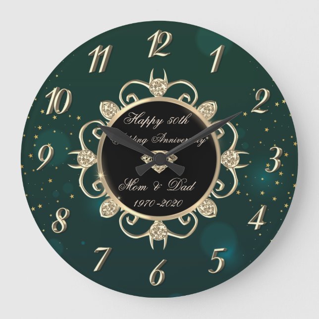 Chic Green Diamonds 50th Wedding Anniversary Large Clock (Front)