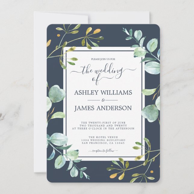 Chic Green Eucalyptus Navy Blue Botanical Wedding Invitation (Front)