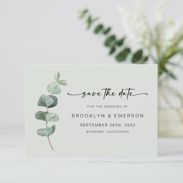 Chic Green Eucalyptus Wedding Save The Date (Standing Front)