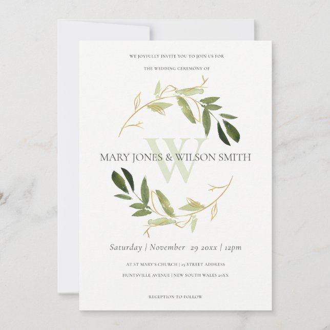 CHIC GREEN FAUX GOLD FOLIAGE WREATH WEDDING INVITE (Front)