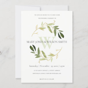 CHIC GREEN FAUX GOLD FOLIAGE WREATH WEDDING INVITE
