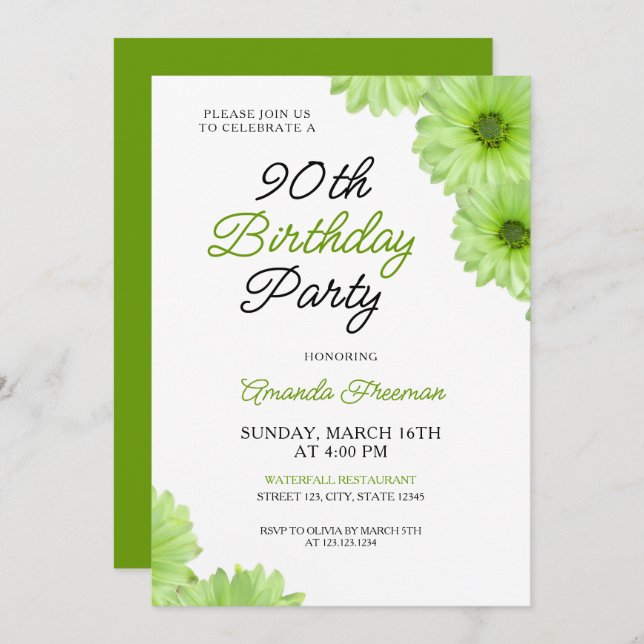 Chic Green Floral 90th Birthday Celebration Invitation (Front/Back)