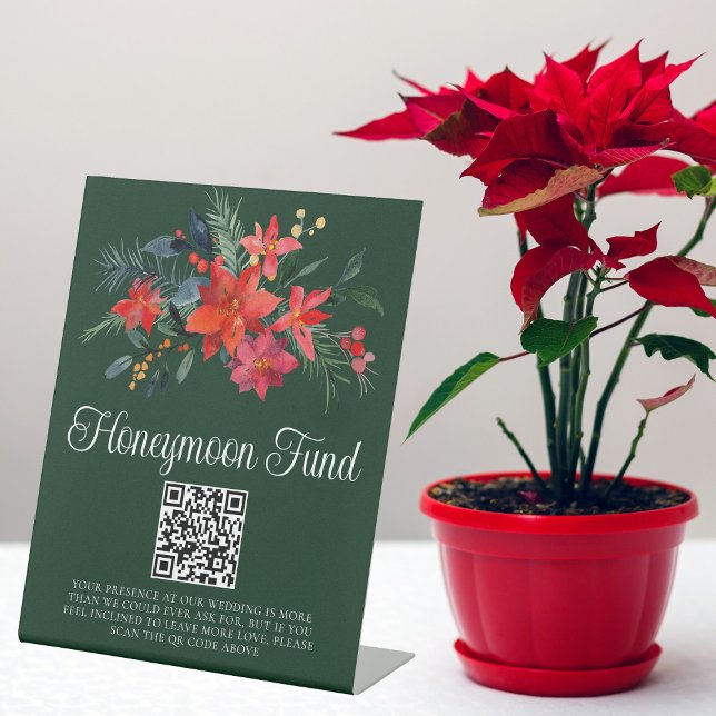 Chic Green Floral Christmas Wedding Honeymoon Fund Pedestal Sign (Creator Uploaded)