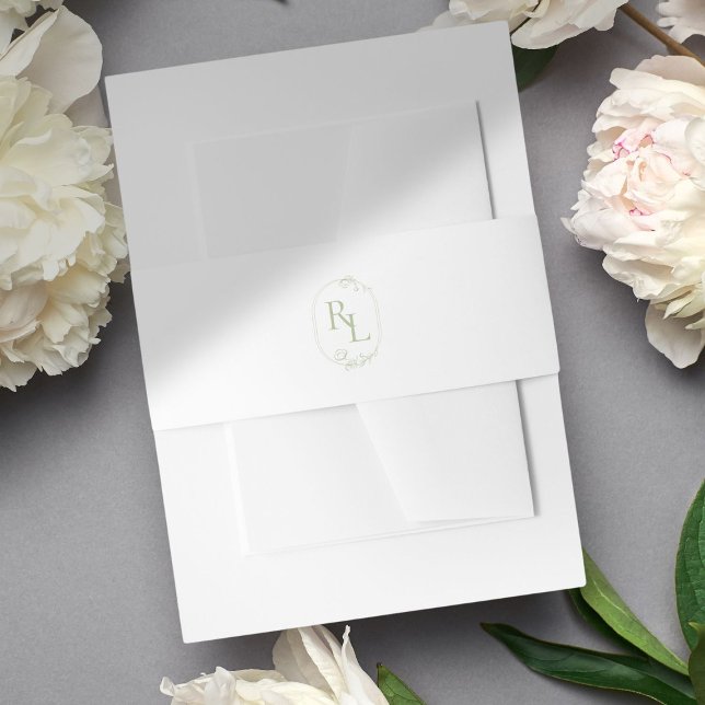 Chic Green Floral Frame Monogram Wedding Envelope Invitation Belly Band (Creator Uploaded)