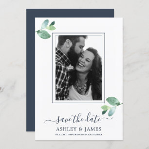 Chic Green Foliage Dark Blue Photo Save the Date Invitation