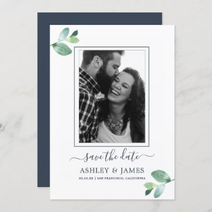 Chic Green Foliage Dark Blue Photo Save the Date Invitation
