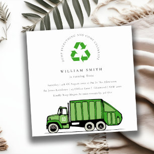 Chic Green Garbage Truck Kids Any Age Birthday Invitation