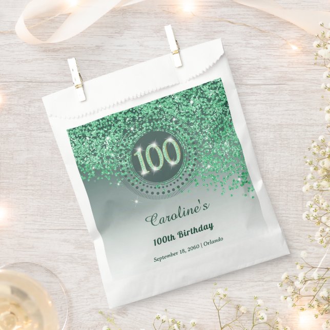 Chic Green Glitter & Dotted Frame 100th Birthday Favour Bags (Clipped)
