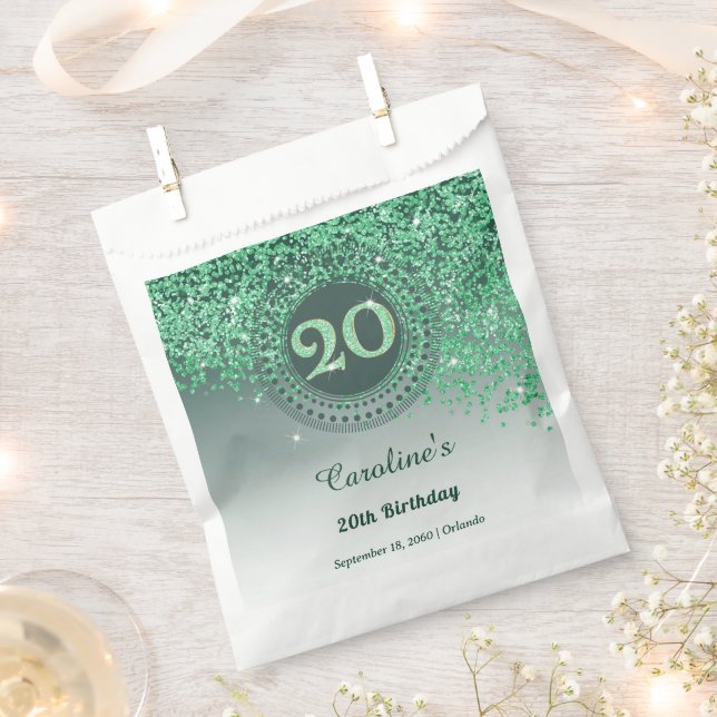 Chic Green Glitter & Dotted Frame 20th Birthday Favour Bags (Clipped)
