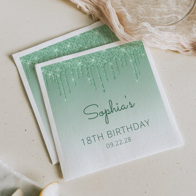 Chic Green Glitter Drip 18th Birthday Party Napkin (Creator Uploaded)