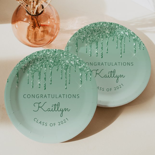 Chic Green Glitter Drip Graduation Party Paper Plate (Creator Uploaded)
