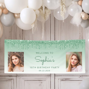 Chic Green Glitter Drip Two Photo 18th Birthday Banner