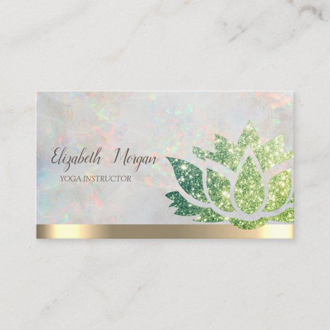 Chic Green Glitter Lotus Yoga Holographic Business Card (Front)