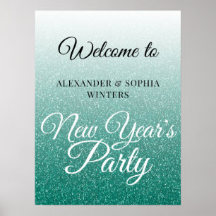 Chic Green Glitter New Years Party Welcome Poster