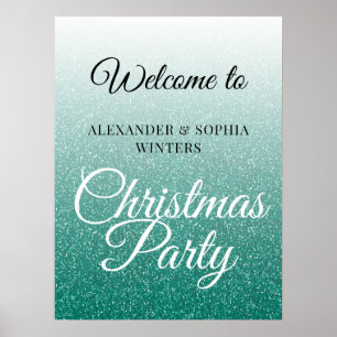 Chic Green Glitter Ombre Christmas Party Welcome Poster