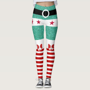 Chic Green Glitter Red White Stripes Christmas Elf Leggings
