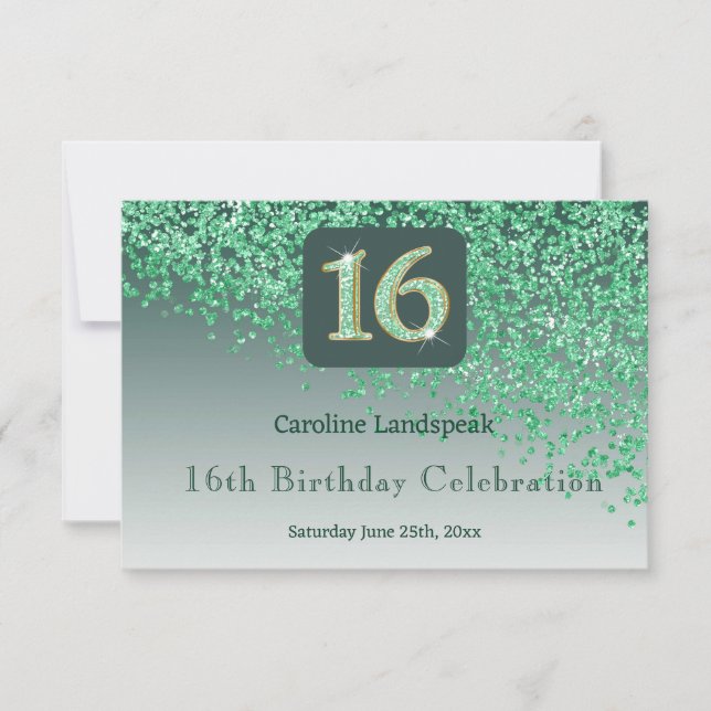 Chic Green Glitter, Sixteen Birthday RSVP (Front)