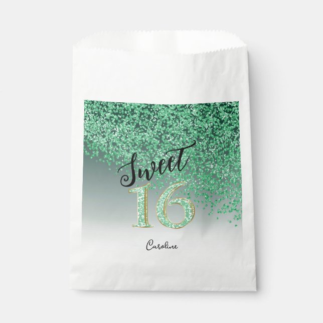 Chic Green Glitter Sweet 16 Birthday Favour Bags (Front)