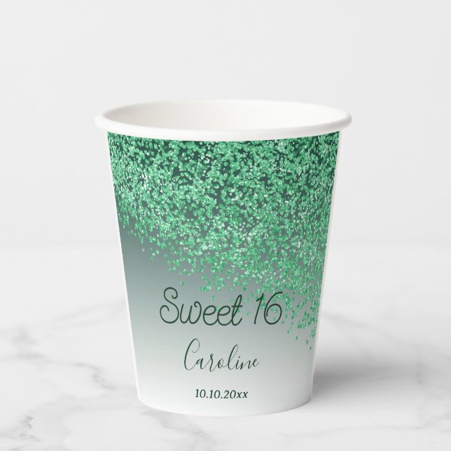 Chic Green Glitter Sweet 16 Birthday Paper Cups (Front)